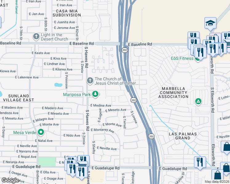 map of restaurants, bars, coffee shops, grocery stores, and more near 8553 East Desert Lane in Mesa