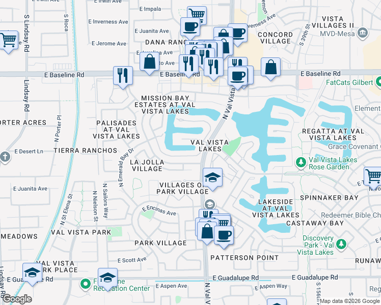 map of restaurants, bars, coffee shops, grocery stores, and more near 1322 E Treasure Cove Dr in Gilbert