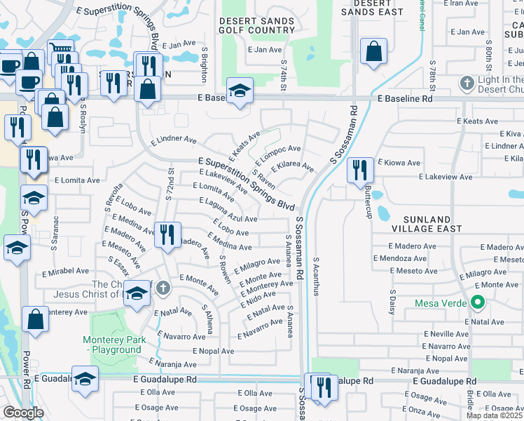 map of restaurants, bars, coffee shops, grocery stores, and more near 2243 South 75th Street in Mesa