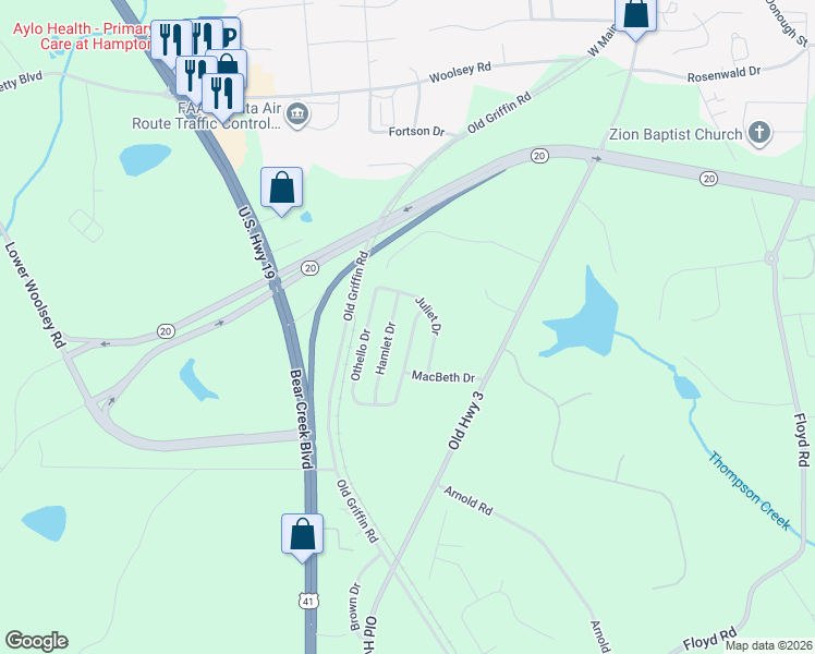 map of restaurants, bars, coffee shops, grocery stores, and more near 404 Othello Drive in Hampton