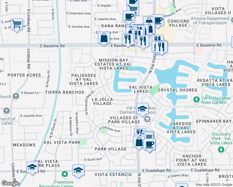 map of restaurants, bars, coffee shops, grocery stores, and more near 1312 East Treasure Cove Drive in Gilbert