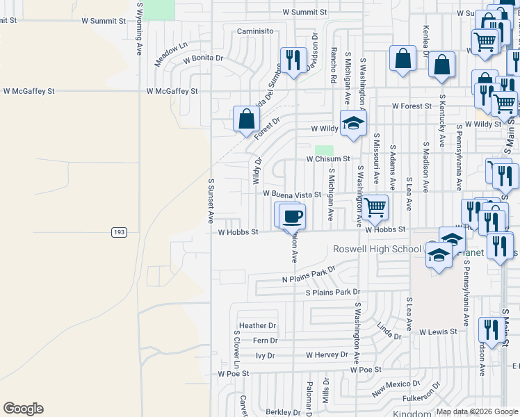 map of restaurants, bars, coffee shops, grocery stores, and more near 49 Wildy Drive in Roswell