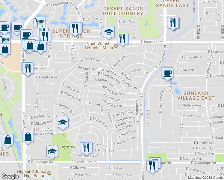map of restaurants, bars, coffee shops, grocery stores, and more near 7354 East Laguna Azul Avenue in Mesa