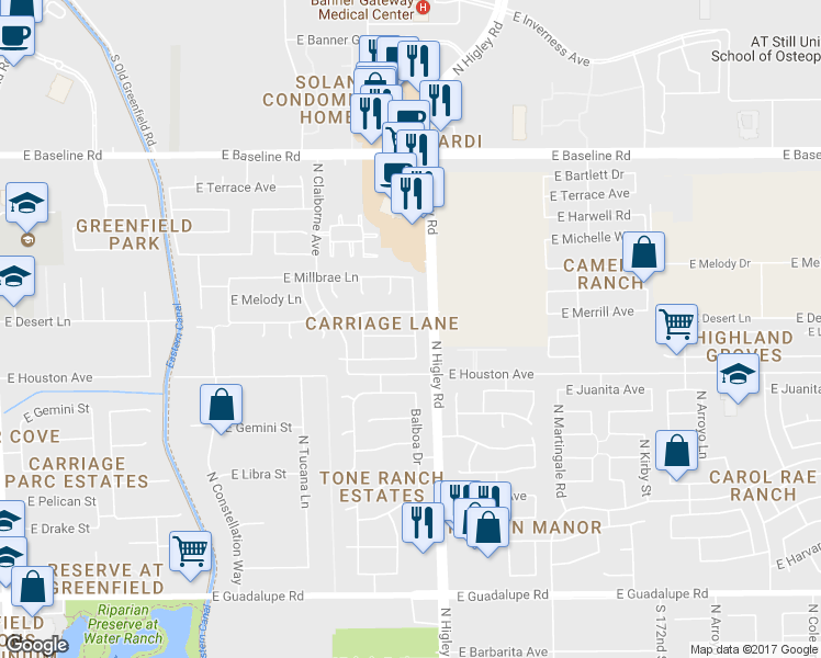 map of restaurants, bars, coffee shops, grocery stores, and more near 3176 East Desert Lane in Gilbert