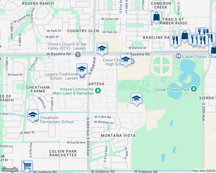 map of restaurants, bars, coffee shops, grocery stores, and more near 4123 West Beverly Road in Phoenix