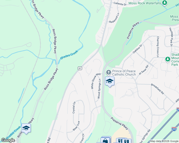 map of restaurants, bars, coffee shops, grocery stores, and more near 725 Ridge Way Circle in Hoover