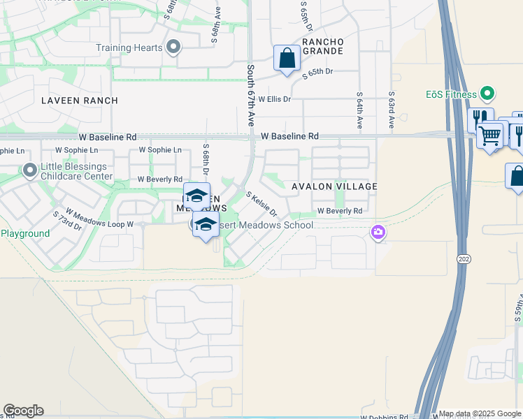 map of restaurants, bars, coffee shops, grocery stores, and more near 6708 West Gary Way in Phoenix
