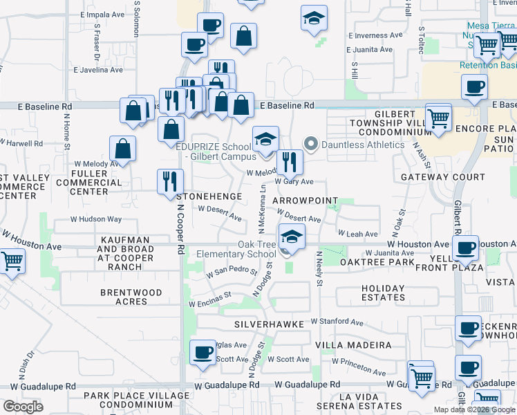 map of restaurants, bars, coffee shops, grocery stores, and more near 1312 North McKenna Lane in Gilbert