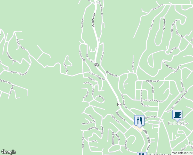 map of restaurants, bars, coffee shops, grocery stores, and more near 105 Alpine Village Road in Ruidoso