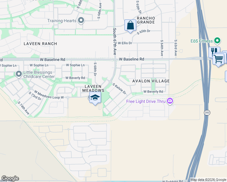 map of restaurants, bars, coffee shops, grocery stores, and more near 6727 West Beverly Road in Phoenix