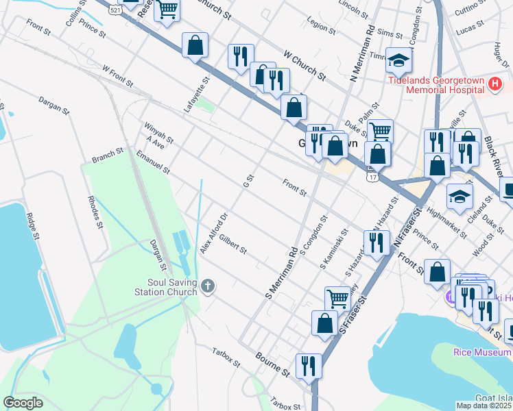 map of restaurants, bars, coffee shops, grocery stores, and more near 1921A Winyah Street in Georgetown