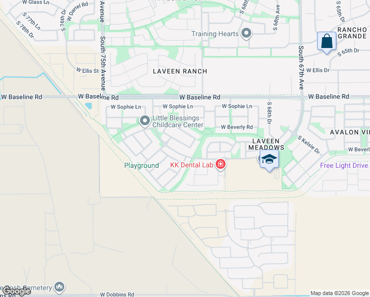 map of restaurants, bars, coffee shops, grocery stores, and more near 7117 West Beverly Road in Phoenix