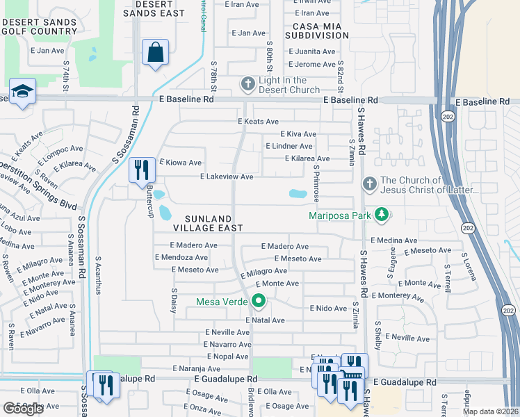 map of restaurants, bars, coffee shops, grocery stores, and more near 8048 East Medina Avenue in Mesa