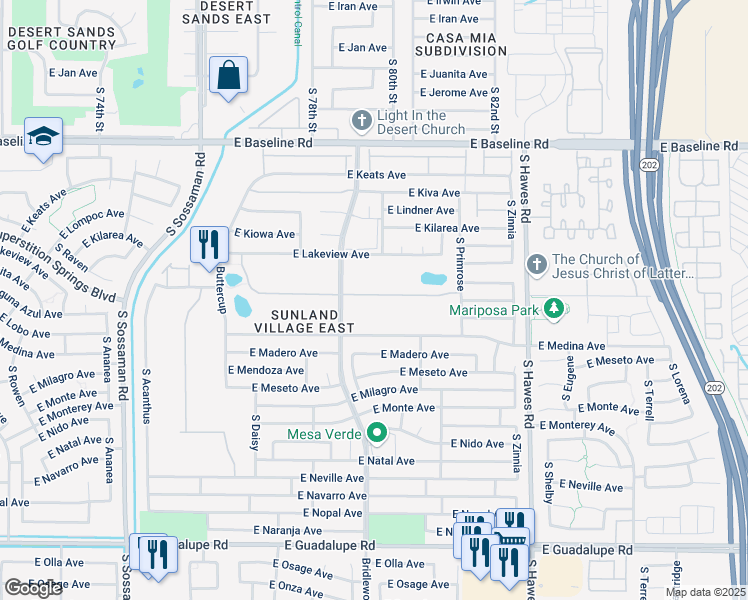 map of restaurants, bars, coffee shops, grocery stores, and more near 8048 East Medina Avenue in Mesa