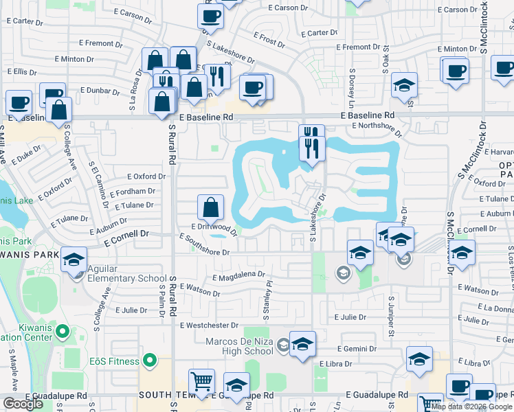 map of restaurants, bars, coffee shops, grocery stores, and more near 5520 South Waverly Way in Tempe
