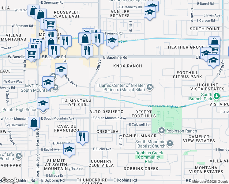 map of restaurants, bars, coffee shops, grocery stores, and more near 848 Gary Lane in Phoenix