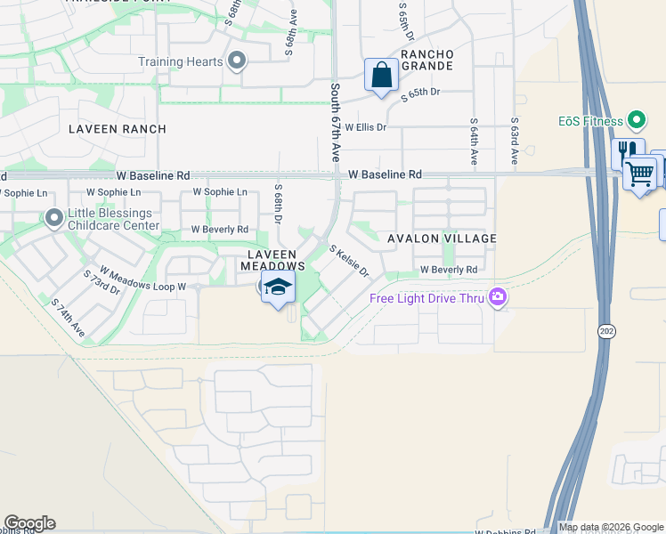map of restaurants, bars, coffee shops, grocery stores, and more near 6727 West Beverly Road in Phoenix
