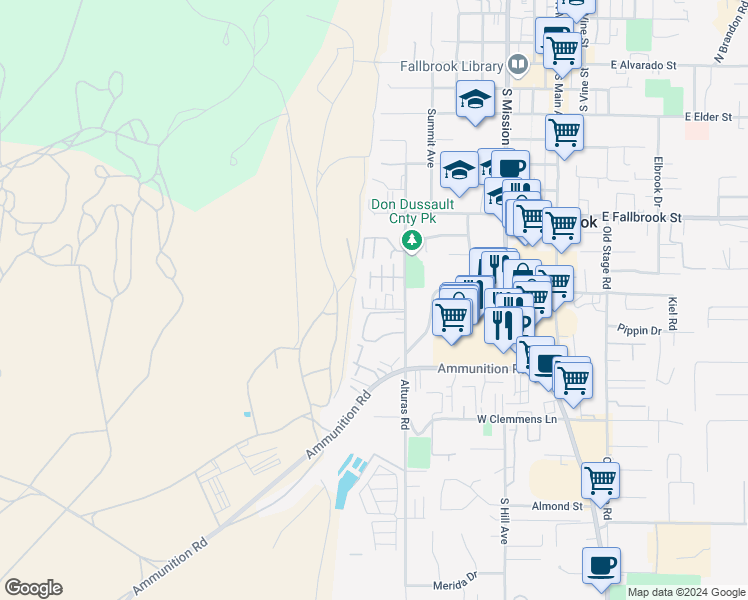 map of restaurants, bars, coffee shops, grocery stores, and more near 725 Alturas Lane in Fallbrook