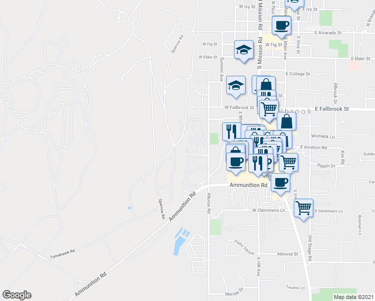 map of restaurants, bars, coffee shops, grocery stores, and more near 725 Alturas Lane in Fallbrook
