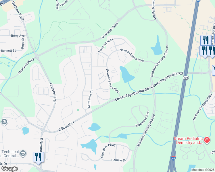 map of restaurants, bars, coffee shops, grocery stores, and more near 80 Newnan Lakes Boulevard in Newnan