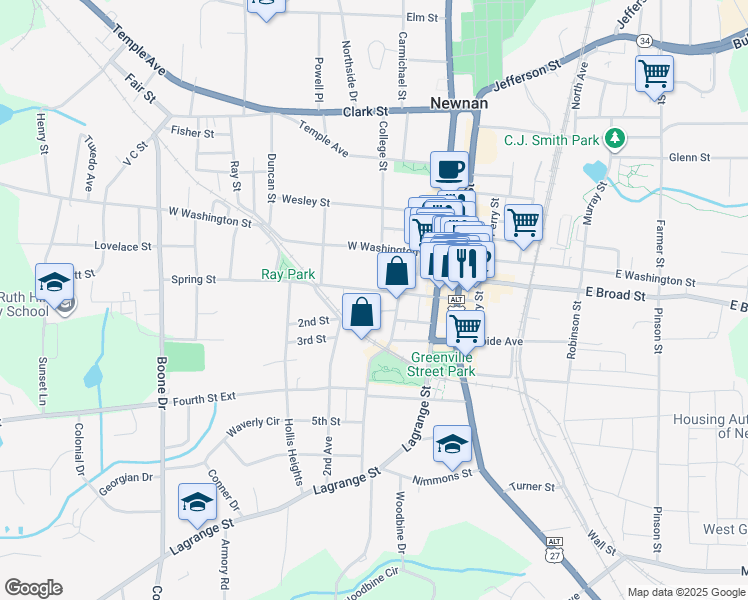 map of restaurants, bars, coffee shops, grocery stores, and more near 68 Spring Street in Newnan