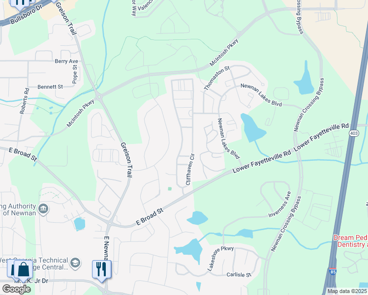 map of restaurants, bars, coffee shops, grocery stores, and more near 340 Cliffhaven Circle in Newnan