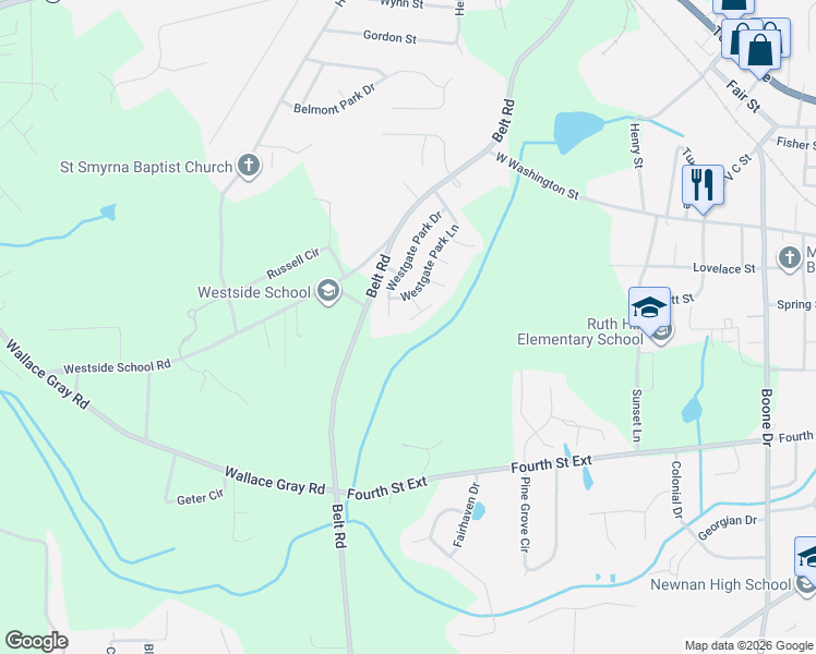 map of restaurants, bars, coffee shops, grocery stores, and more near 9 Midland Park Way in Newnan
