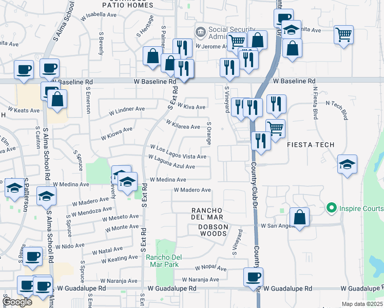 map of restaurants, bars, coffee shops, grocery stores, and more near 616 West Los Lagos Vista Avenue in Mesa