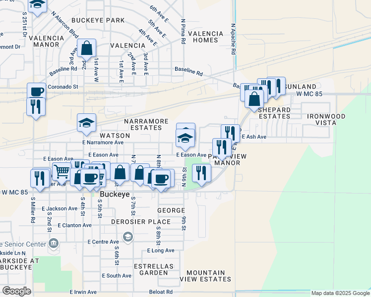 map of restaurants, bars, coffee shops, grocery stores, and more near 902 East Eason Avenue in Buckeye