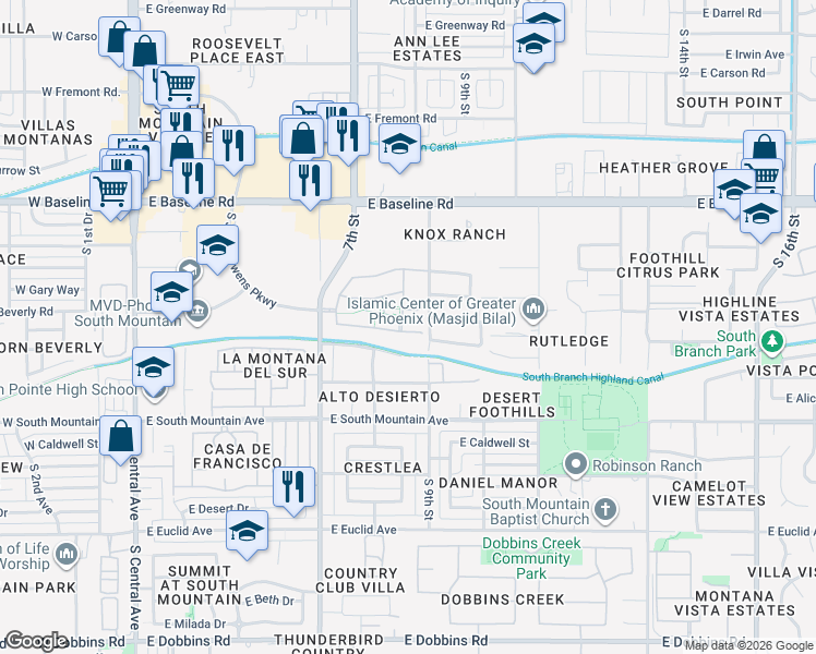 map of restaurants, bars, coffee shops, grocery stores, and more near 848 Gary Lane in Phoenix