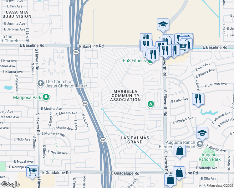 map of restaurants, bars, coffee shops, grocery stores, and more near Pima Drive in Mesa