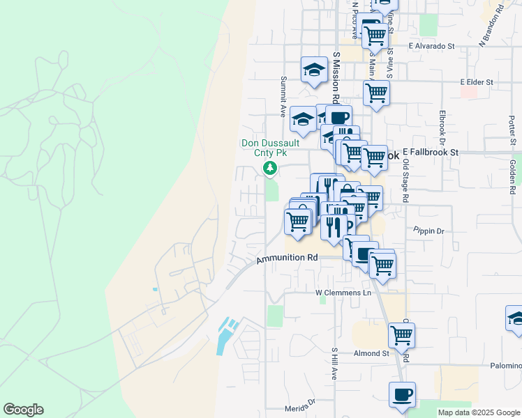 map of restaurants, bars, coffee shops, grocery stores, and more near 707 Alturas Lane in Fallbrook