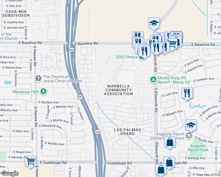 map of restaurants, bars, coffee shops, grocery stores, and more near Pima Drive in Mesa