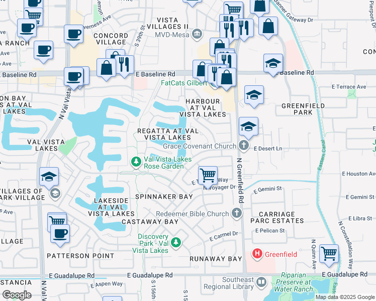 map of restaurants, bars, coffee shops, grocery stores, and more near 1252 North Palmsprings Drive in Gilbert