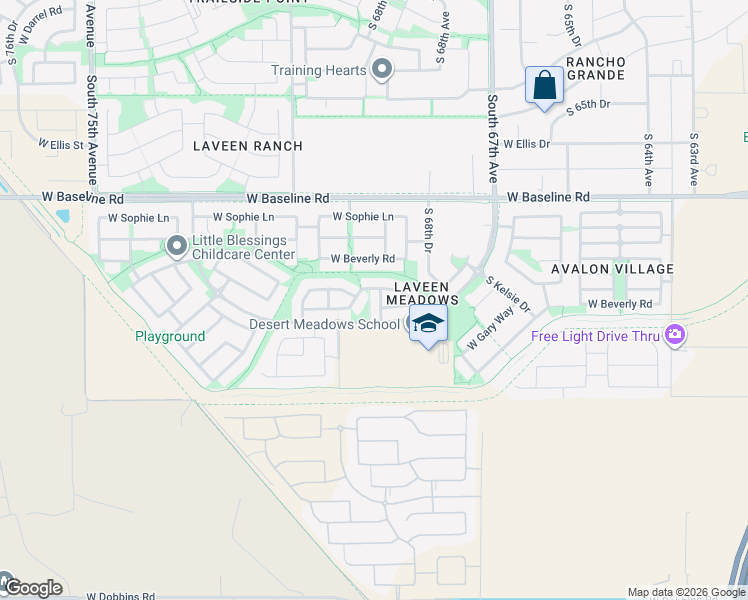 map of restaurants, bars, coffee shops, grocery stores, and more near 8004 South 69th Drive in Phoenix