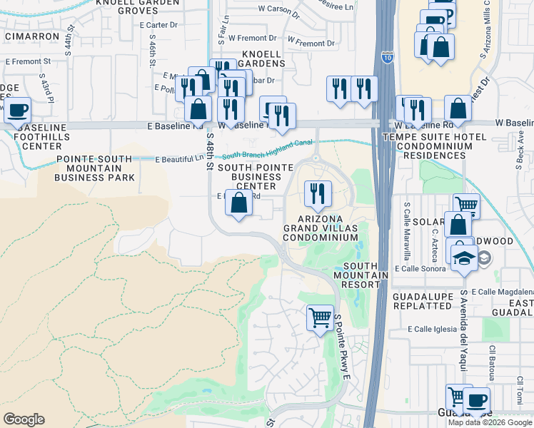 map of restaurants, bars, coffee shops, grocery stores, and more near 8050 South Pointe Parkway East in Phoenix