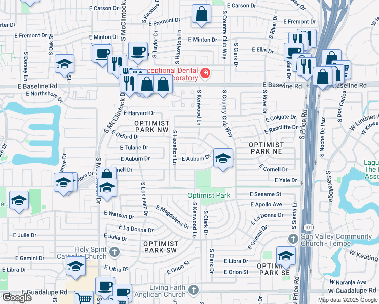map of restaurants, bars, coffee shops, grocery stores, and more near 1946 East Auburn Drive in Tempe
