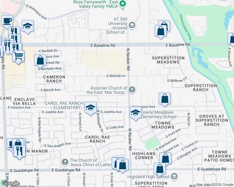 map of restaurants, bars, coffee shops, grocery stores, and more near 3918 East Leah Court in Gilbert