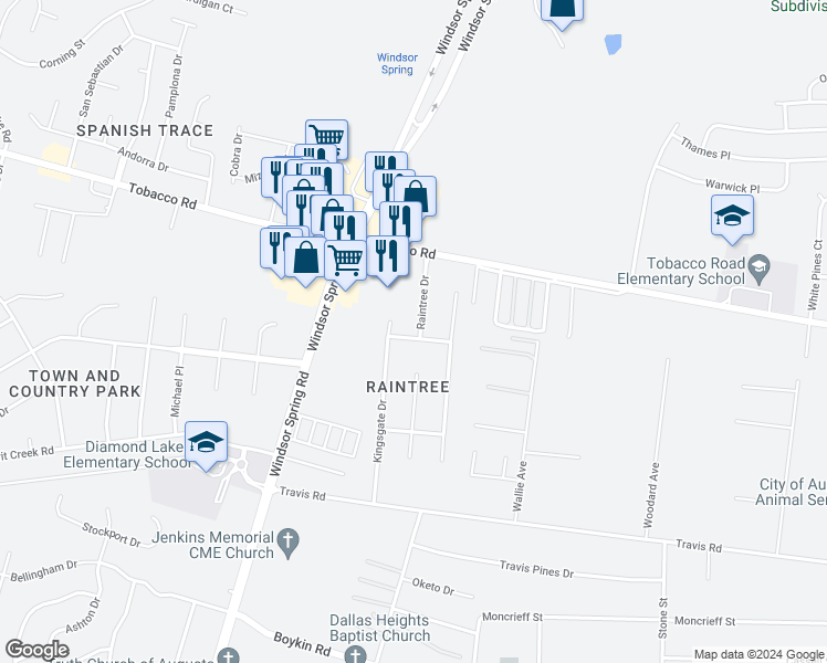 map of restaurants, bars, coffee shops, grocery stores, and more near 2405 Saint Thomas Trail in Hephzibah
