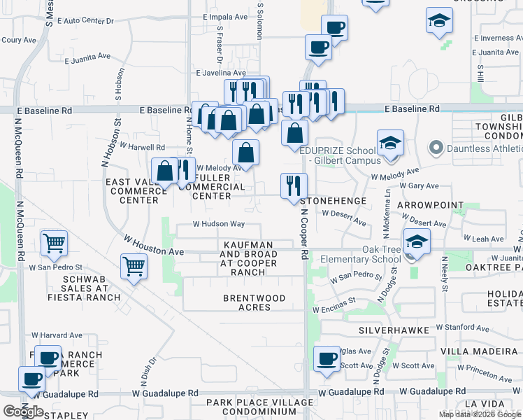 map of restaurants, bars, coffee shops, grocery stores, and more near 1315 North Marvin Court in Gilbert