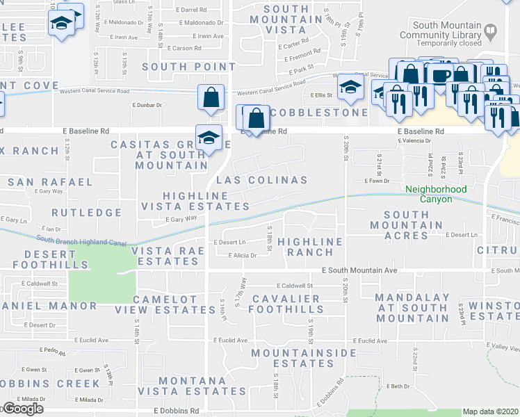 map of restaurants, bars, coffee shops, grocery stores, and more near 1803 East Beverly Road in Phoenix