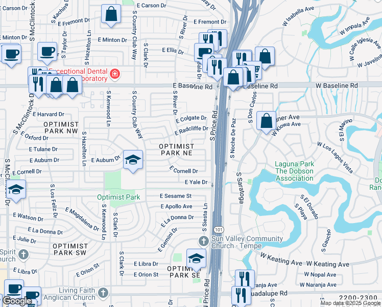 map of restaurants, bars, coffee shops, grocery stores, and more near 2138 East Oxford Drive in Tempe