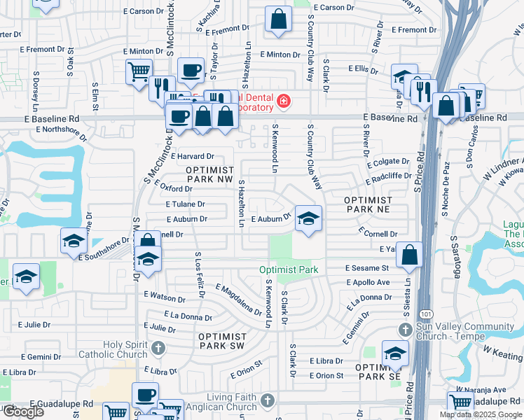 map of restaurants, bars, coffee shops, grocery stores, and more near 1946 East Auburn Drive in Tempe