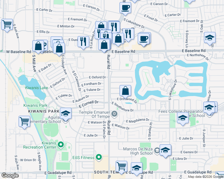 map of restaurants, bars, coffee shops, grocery stores, and more near 918 East Lobster Trap Lane in Tempe