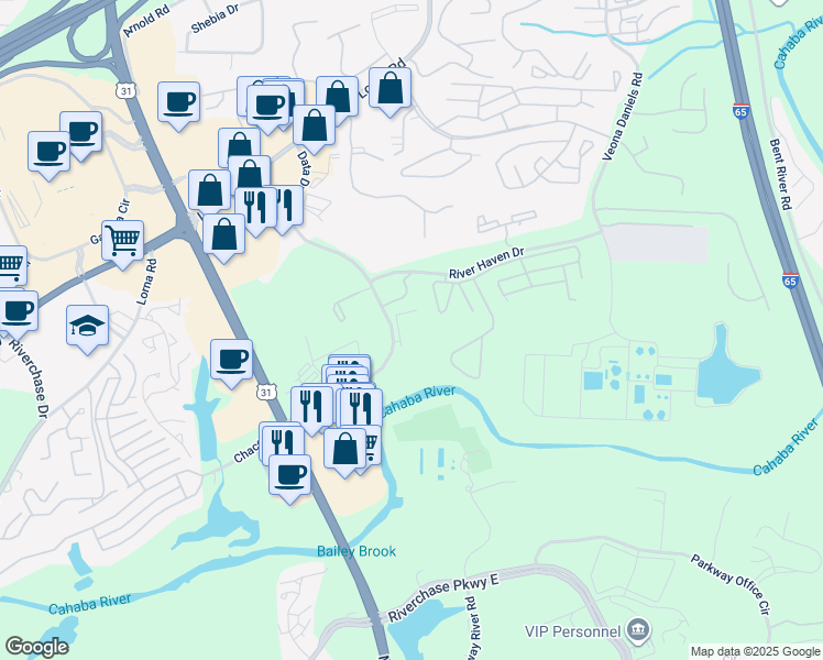 map of restaurants, bars, coffee shops, grocery stores, and more near 1851 Data Drive in Birmingham