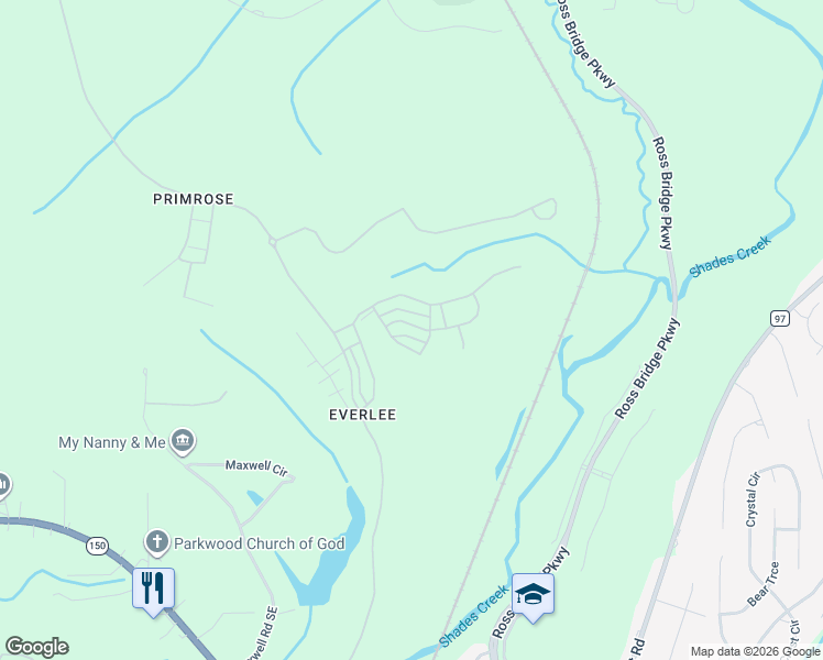 map of restaurants, bars, coffee shops, grocery stores, and more near 150 Maxwell Circle in Bessemer