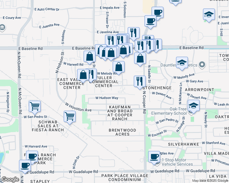 map of restaurants, bars, coffee shops, grocery stores, and more near 938 West Hudson Way in Gilbert