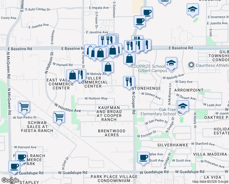 map of restaurants, bars, coffee shops, grocery stores, and more near 1315 North Marvin Court in Gilbert