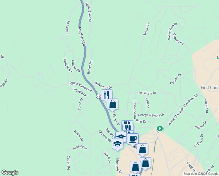 map of restaurants, bars, coffee shops, grocery stores, and more near 168 University Drive in Ruidoso