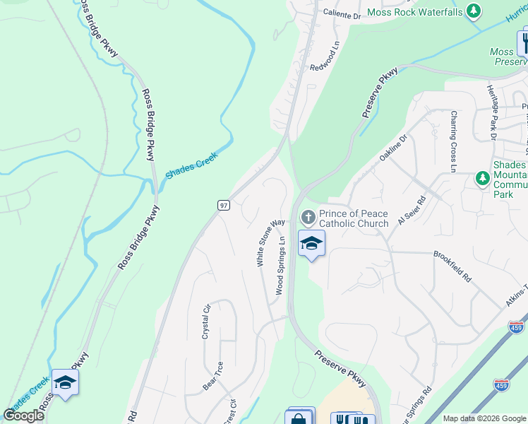 map of restaurants, bars, coffee shops, grocery stores, and more near 725 Ridge Way Circle in Hoover